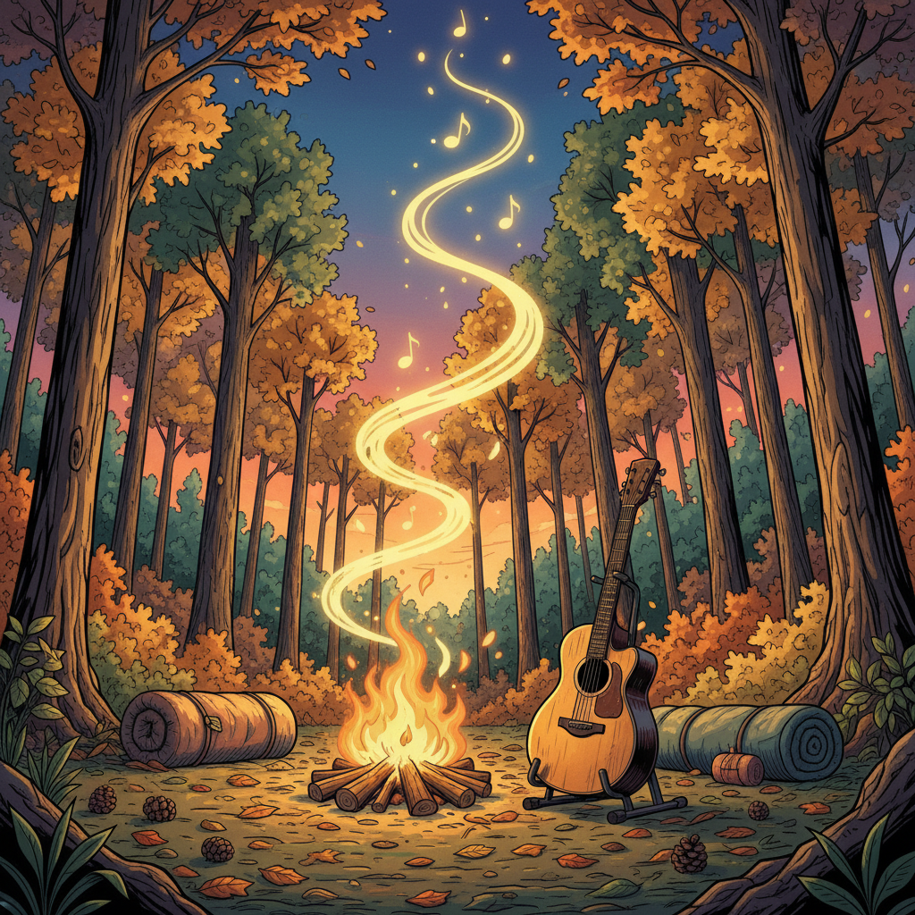 Illustration de style bande dessinée, énergique, mettant en avant une guitare acoustique posée près d'un feu de camp, entourée par la nature, une forêt et une ambiance de camping. Aucune personne ni théière, ambiance chaleureuse et dynamique.