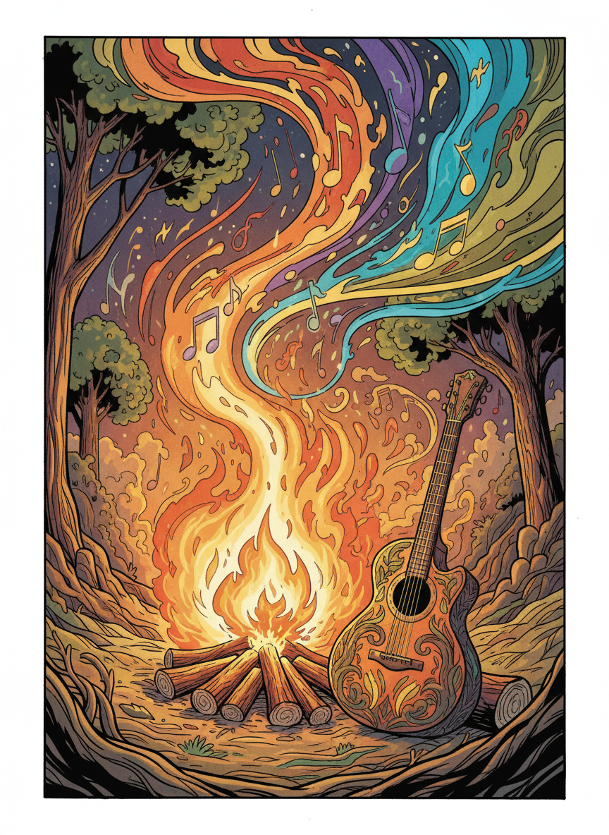 Illustration BD sans texte, avec une guitare et un feu de camp, sans personnage. Style évoquant la nature, l'énergie, la musique et la fête.
