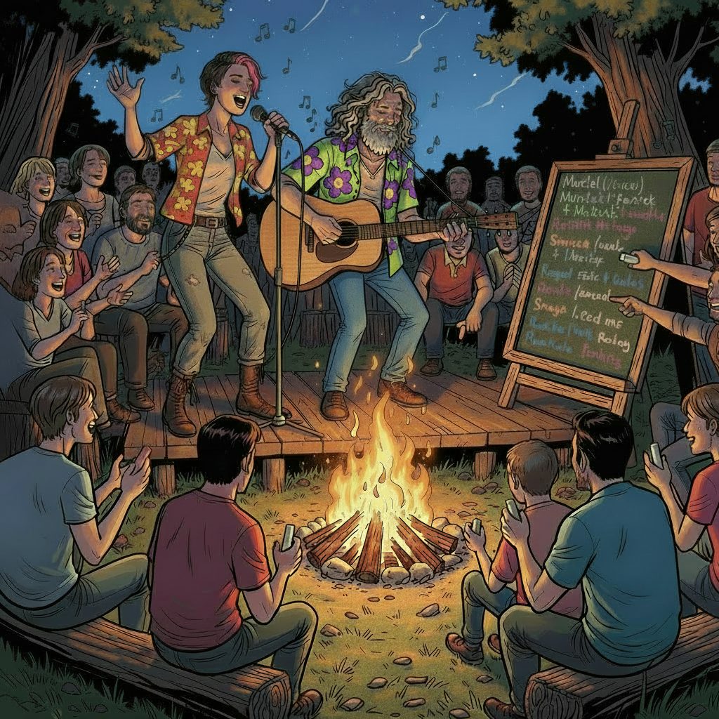 Illustration de concert autour d'un feu de camp dans un style BD énergique : même composition et ambiance que l’illustration actuelle de Feu d'Camp avec Muriel (chant) et Joan (guitare) sur scène devant un public, feu de camp central, décor immersif de soirée, tableau pour choisir les morceaux. Modifier uniquement la tenue du guitariste : il porte un pantalon en jean bleu (blue jean classique) au lieu de son pantalon actuel. Tous les autres éléments (personnages, poses, lumières, public, décor, tableau, feu de camp, couleurs globales) restent strictement identiques à l’original.