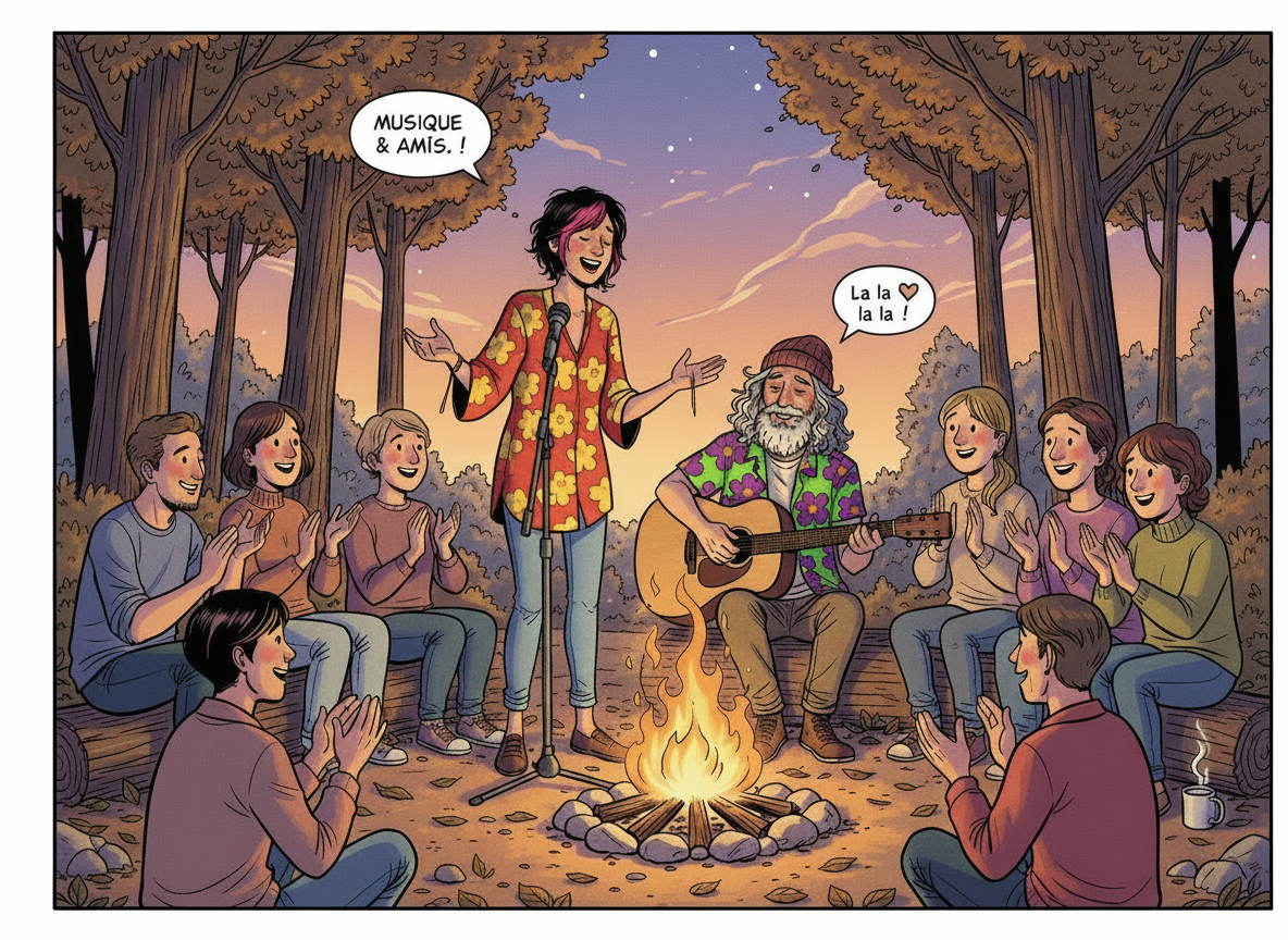 Logo Feu d'Camp orange en style bois avec une flamme au-dessus de l’apostrophe.