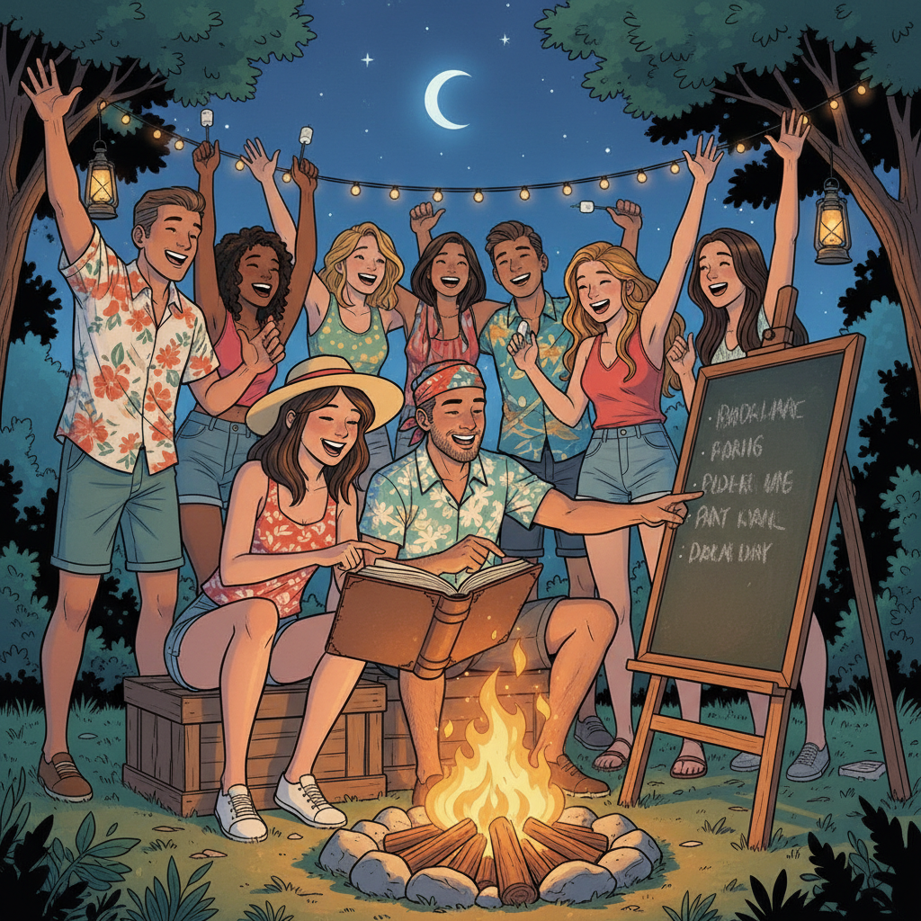 Scène festive et joyeuse autour d’un feu de camp, style BD, personnages en tenues estivales. Deux personnes choisissent un morceau dans un gros livre et l’inscrivent sur un tableau. Pas de bulles de dialogue. La liste sur le tableau doit être floue ou non lisible, pour juste évoquer une liste sans identification de titres. Aucun musicien ni instrument visible.